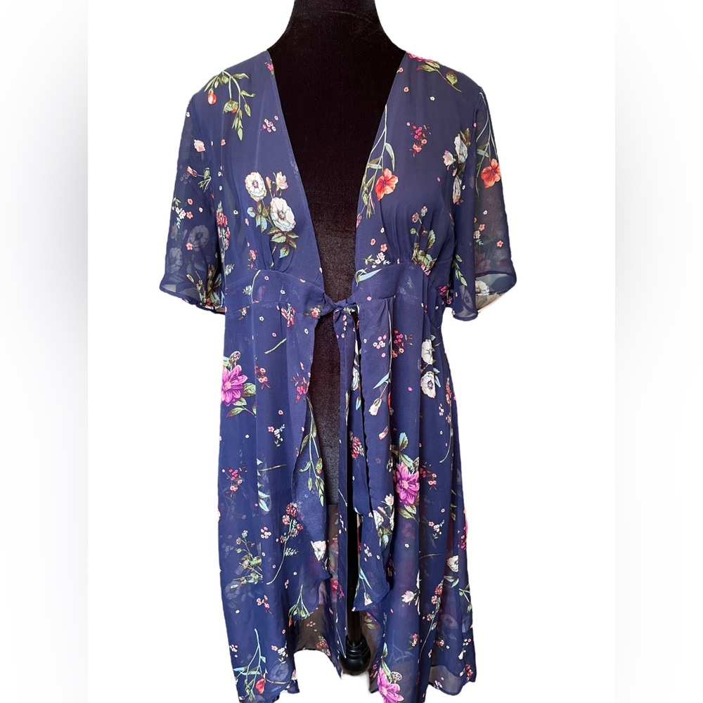 Moa Moa Blue Sheer Boho Whimsical Woodland Garden Floral High Low Cardigan Top